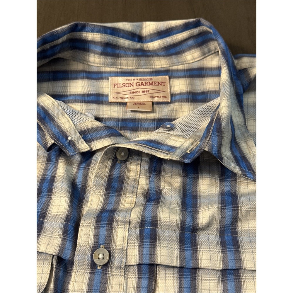 CC Filson Vented Long Sleeve Button Down Shirt Men Sz L Large Blue Plaid Pockets - Picture 2 of 8